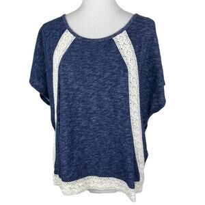 Hannah Denim Blue Heather Terry Dolman Sleeve Too with Crochet Lace Size L